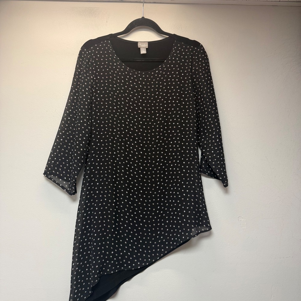 Travelers by Chicos Tunic Top Womens 0 Small Black Polka Dot Excellent Asymmetri